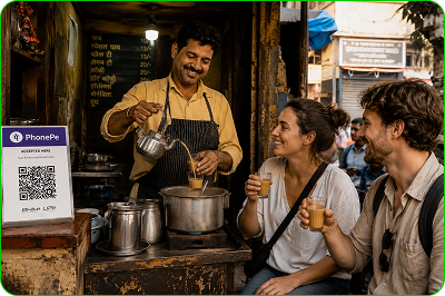 Travellers paying with QR at a chai stall