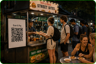 Travellers paying at a street food stall with QR