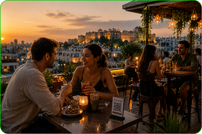 Travellers dining on a rooftop with a QR code on the table