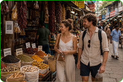 Travellers browsing spices in a street market