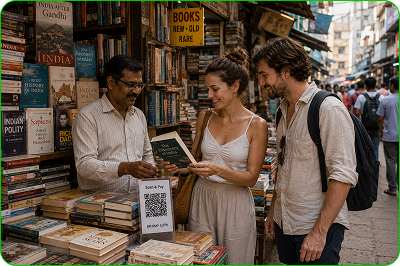 Travellers buying books from a street book stall
