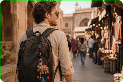 Traveller walking through a market with a souvenir on a backpack
