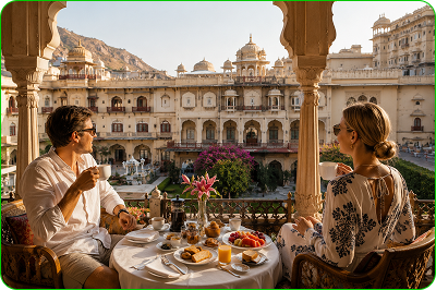 Travellers having breakfast at a palace hotel
