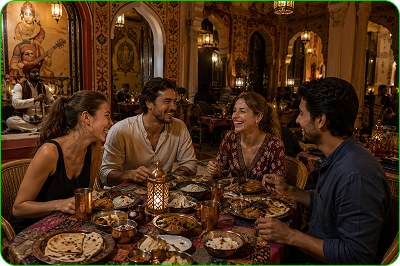 Travellers dining together in a heritage restaurant