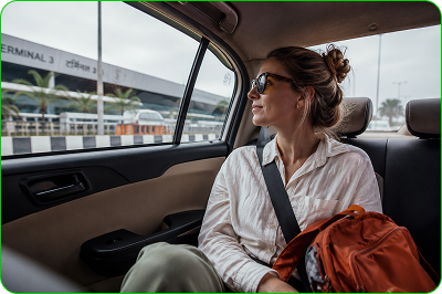 Traveller riding from the airport by car