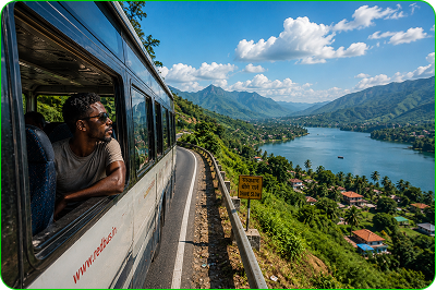 Traveller viewing a lake and mountains from a train