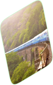Train crossing a green hillside bridge